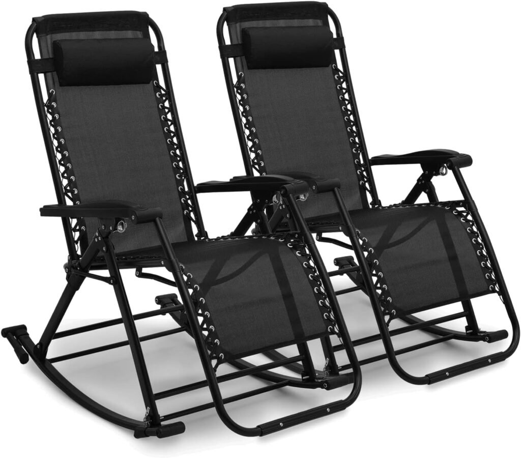 Magshion Outdoor Rocking Chairs 2 Pack Lounge Patio Rocking Chair Zero Gravity Outdoor Folding Recliner Foldable Lounge Chair for Patio Poolside and Camping, Support up to 330 lbs (Black)