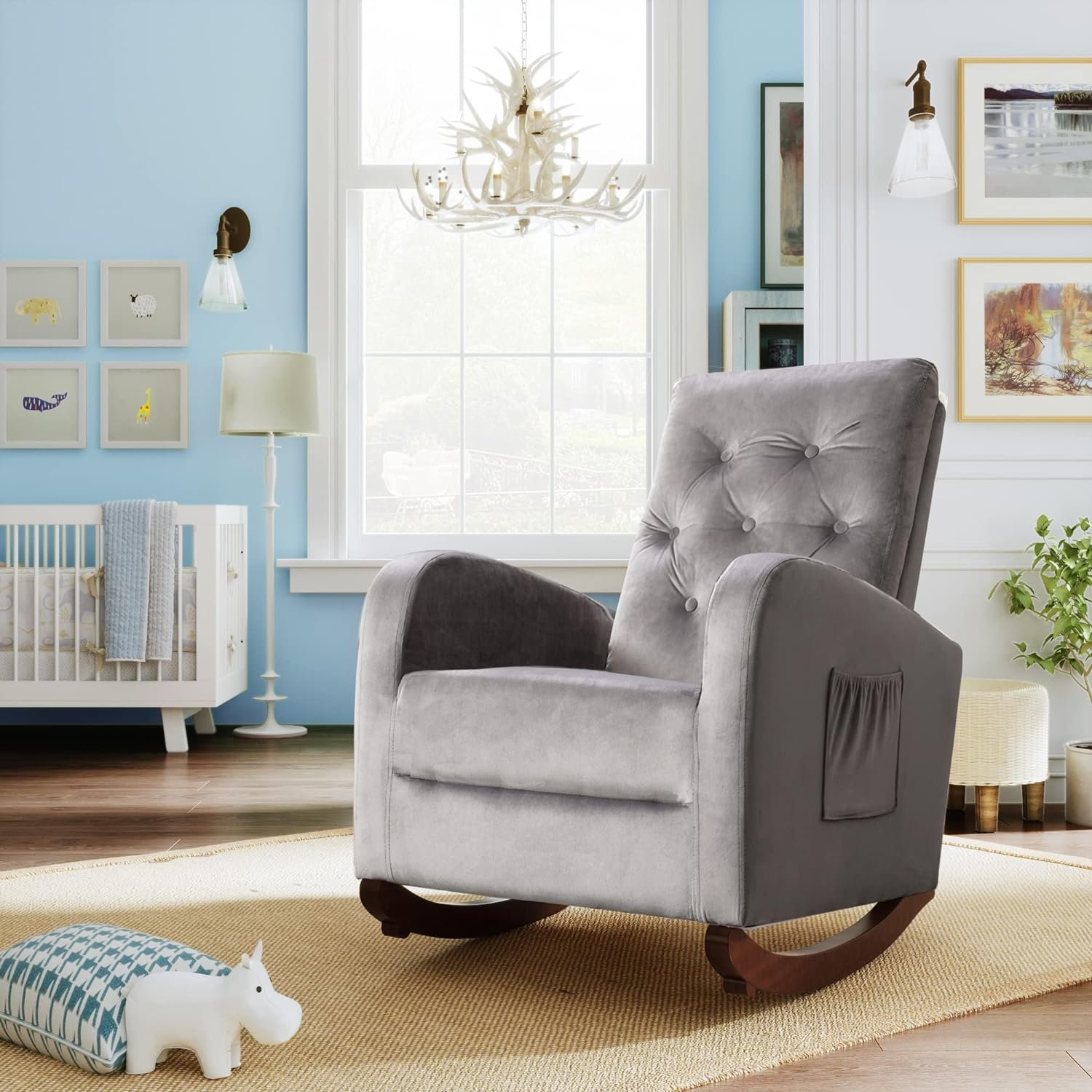 Majnesvon Rocking Chair Mid-Century Modern Nursery Rocking Armchair Upholstered Tall Back Accent Glider Rocker for Living Room (Grey + Velvet)