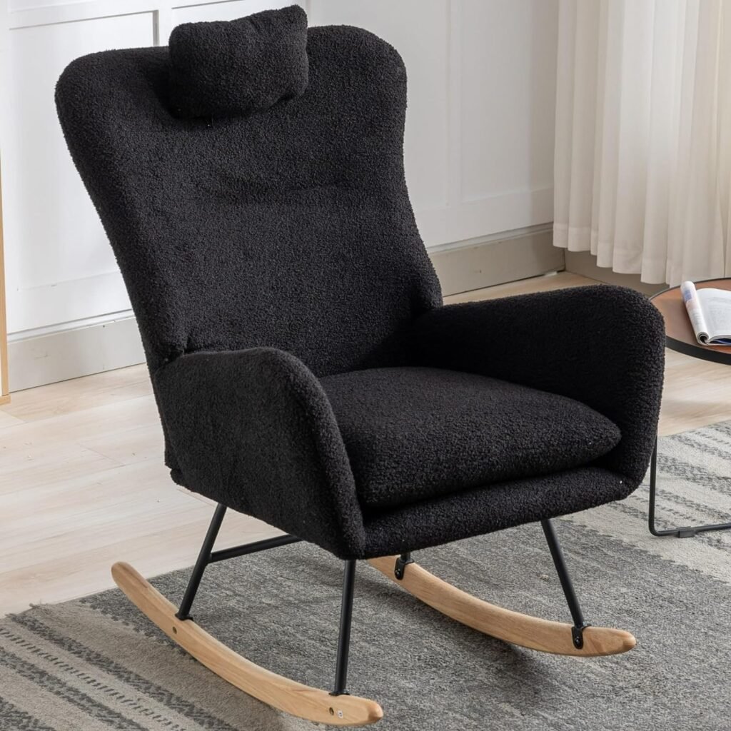MASISDAOZ Comfy Rocking Chair for Nursery, Teddy Glider Chair with Headrest, High Backrest, Armrests  Upholstered Pad, Bedroom Nursery Rocker Chair for Baby  Kids (Black)