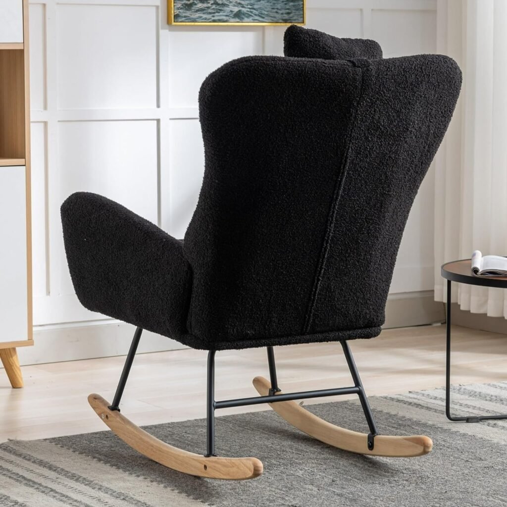 MASISDAOZ Comfy Rocking Chair for Nursery, Teddy Glider Chair with Headrest, High Backrest, Armrests  Upholstered Pad, Bedroom Nursery Rocker Chair for Baby  Kids (Black)