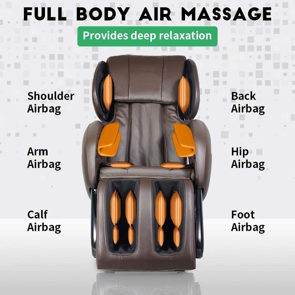 Massage Chair,Zero Gravity Full Body Electric Shiatsu Massage Chair Recliner with Built-in Heat Therapy Foot Roller Air Massage System Stretch Vibrating Wireless Bluetooth Speaker (Brown)