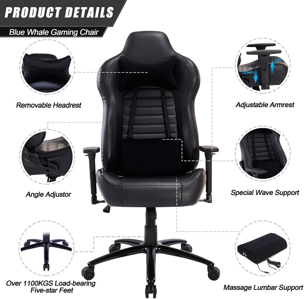 Massage Gaming Chair Big and Tall Gaming Chair - Metal Base High Back Racing Game Chair Computer Chair, Ergonomic Leather Executive Gaming Chair with Headrest and Lumbar Pillow