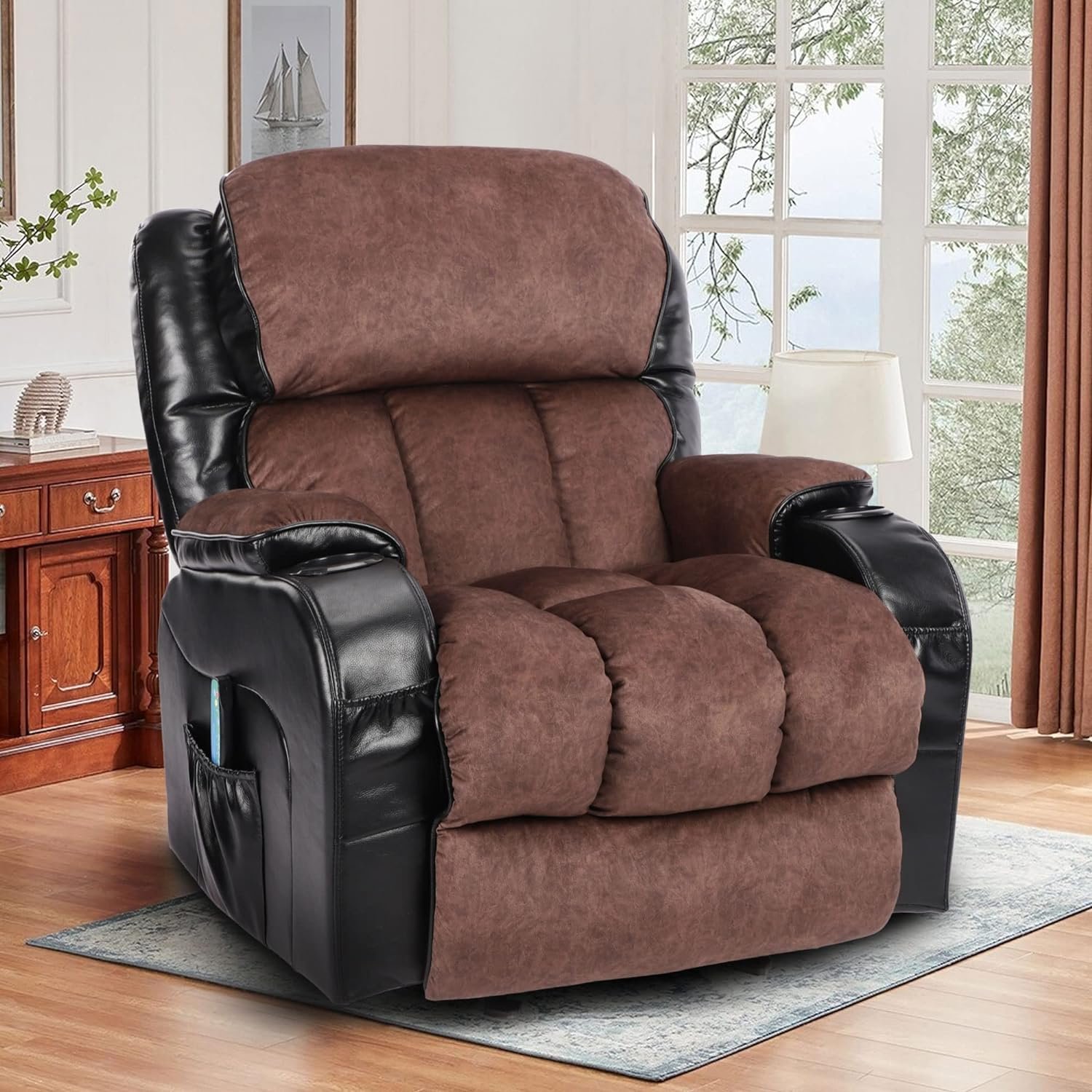 Massage Rocker Recliner Chair,Lounge Chair for Living Room with Rocking Function  Side Pocket,2 Cup Holders,Adjustable Modern Reclining Chair with Padded Seat Backrest for Adults (Black Brown)