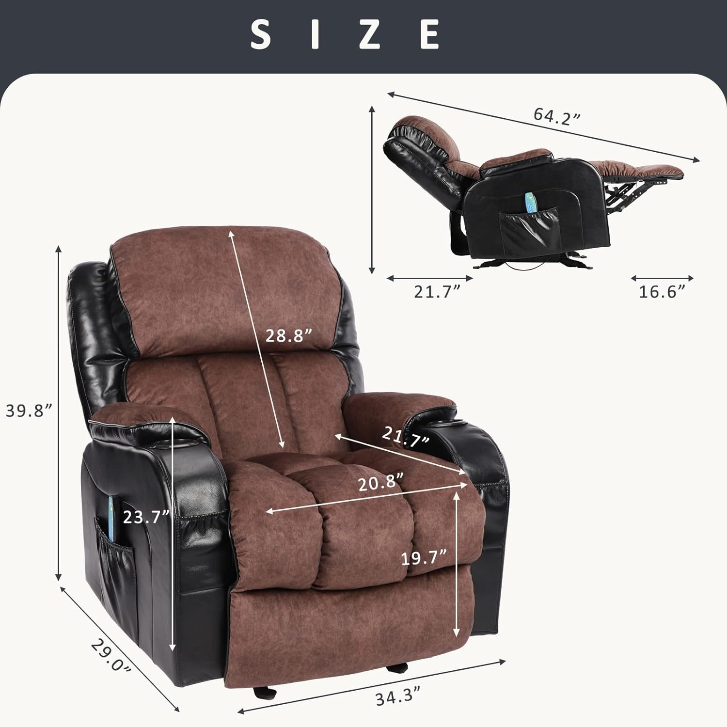 Massage Rocker Recliner Chair,Lounge Chair for Living Room with Rocking Function  Side Pocket,2 Cup Holders,Adjustable Modern Reclining Chair with Padded Seat Backrest for Adults (Black Brown)