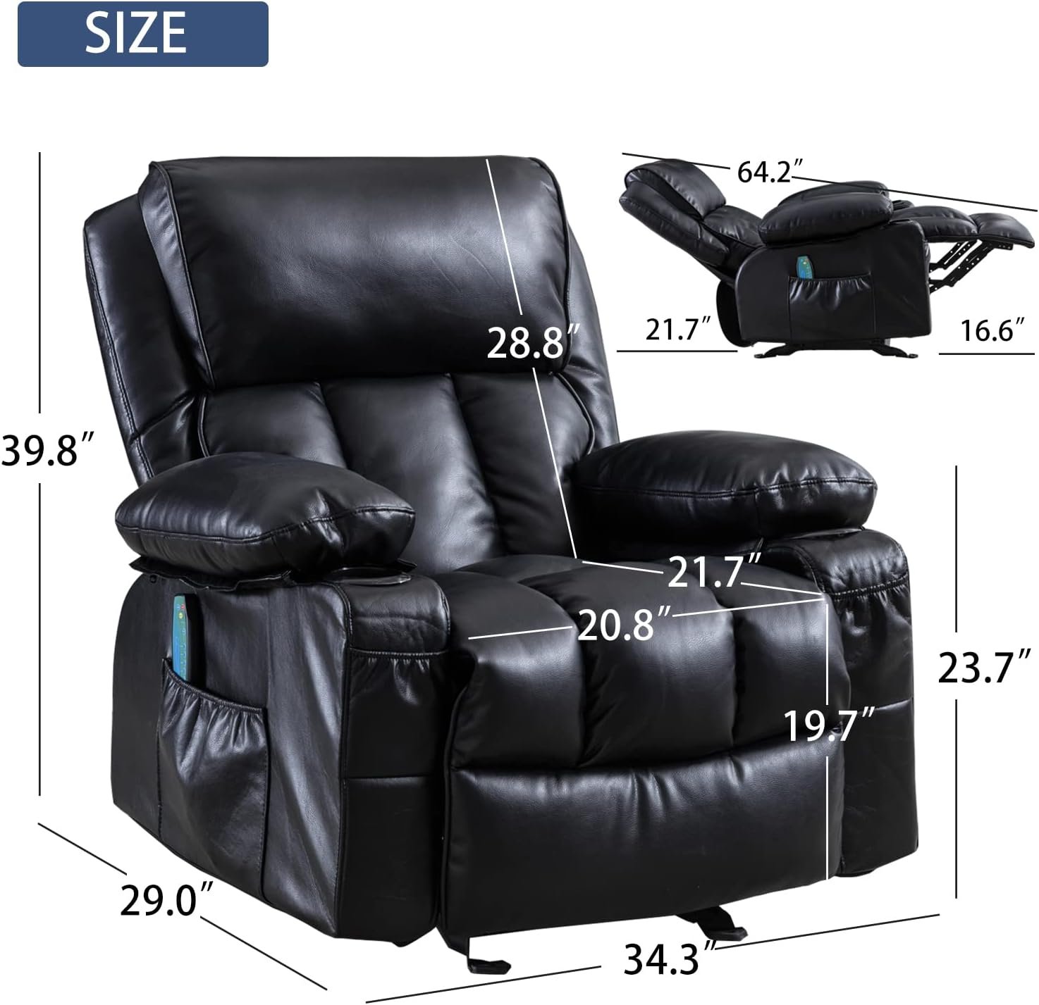 Massage Rocker Recliner Chair,Lounge Chair for Living Room with Rocking Function  Side Pocket,2 Cup Holders,Adjustable Modern Reclining Chair with Padded Seat Backrest for Adults (Black Brown)