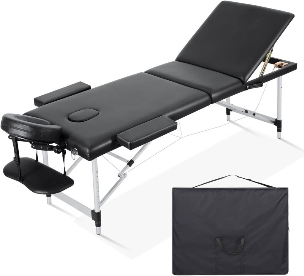 Massage Table Portable Massage Bed Foldable Aluminium Spa Bed 82 Inches Long 3 Folding W/Carry Case Height Adjustable Salon Bed Face Cradle Bed Lash Bed for Eyelash Extensions Tattoo Table