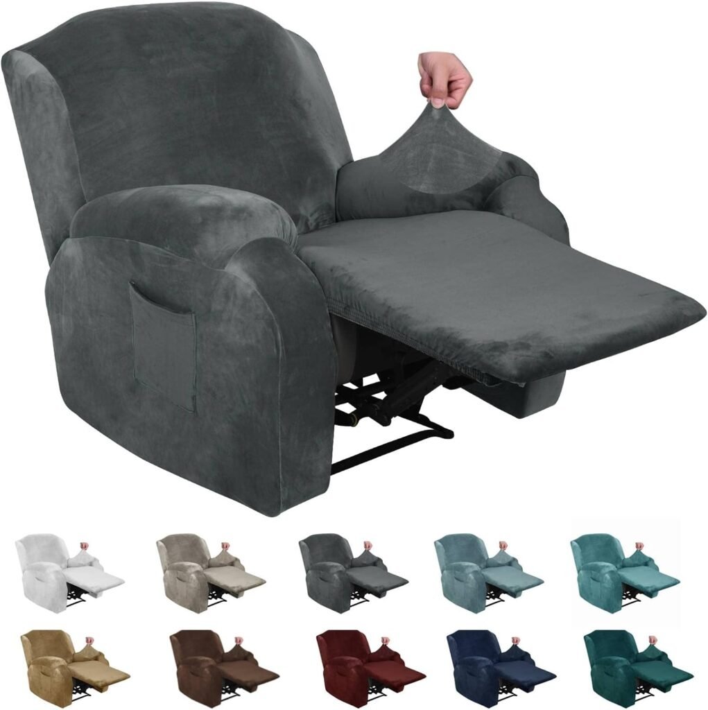 MAXIJIN Velvet 4 Piece Recliner Cover Stretch Plush Soft Cover for Chair Thick Soft Recliner Slipcover Separate Chair Cover with Side Pocket (Recliner, Gray)