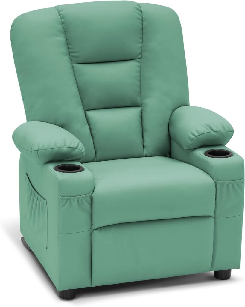 MCombo Big Kids Recliner Chair with Cup Holders for Toddler Boys and Girls, 2 Side Pockets, 3+ Age Group, Faux Leather 7322 (Mint Green)