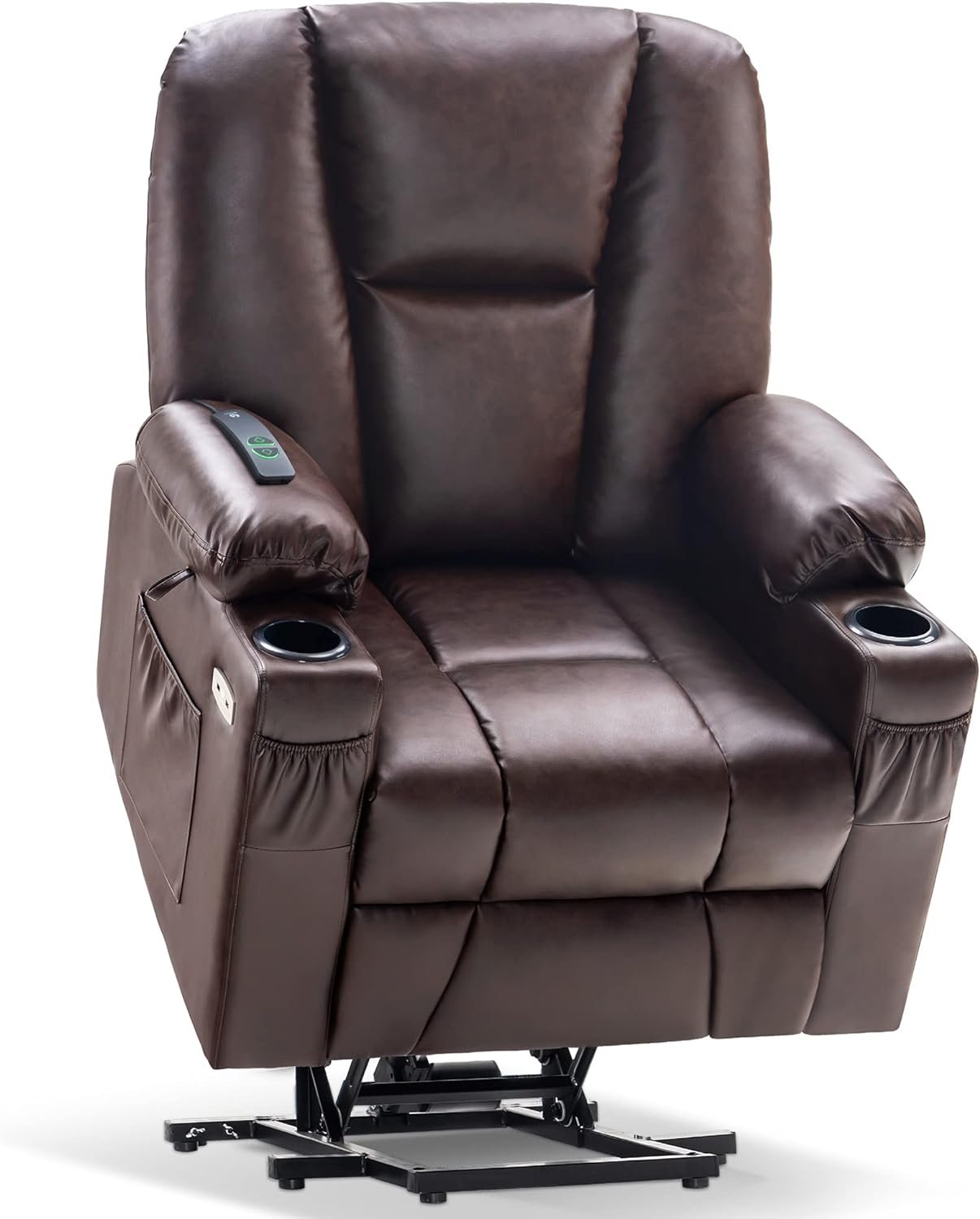 MCombo Electric Power Lift Recliner Chair with Extended Footrest for Elderly People, 3 Positions, Hand Remote Control, Lumbar Pillow, 2 Cup Holders, USB Ports, Faux Leather 7507 (Dark Brown)