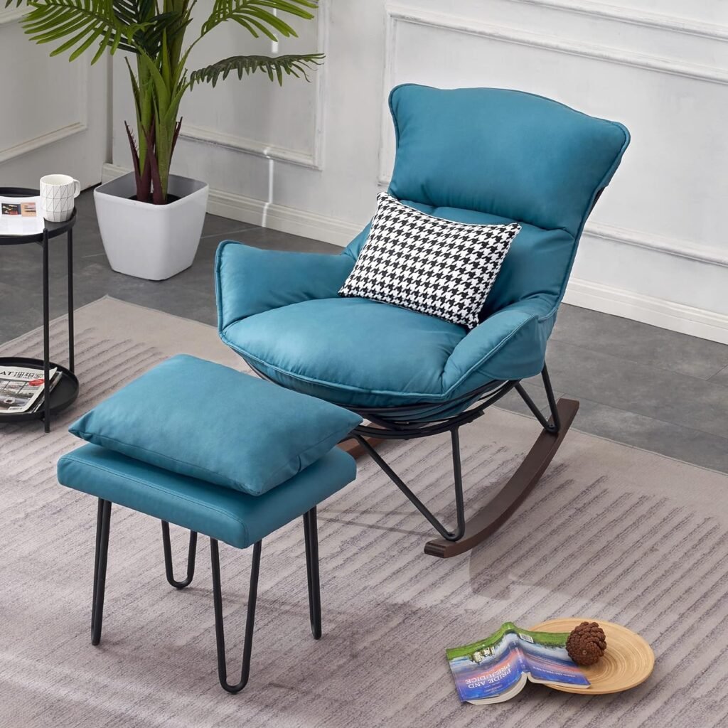 MCombo Modern Rocking Chair, Upholstered Glider Rocker Nursery Accent Chair with Ottoman, Comfy Reading Chairs for Living Room Bedroom Offices (Blue)