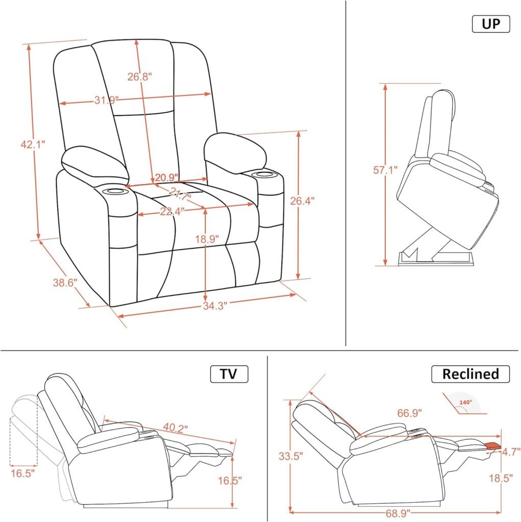 MCombo Power Lift Recliner Chair Sofa with Extended Footrest,3 Positions,Hand Remote Control,Lumbar Pillow,2 Cup Holders,USB Ports for Elderly People, 7507