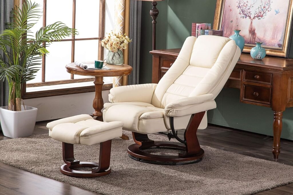 MCombo Recliner with Ottoman Chair Accent Recliner Chair with Vibration Massage, Removable Lumbar Pillow, 360 Degree Swivel Wood Base, Faux Leather 9096 (Cream White)