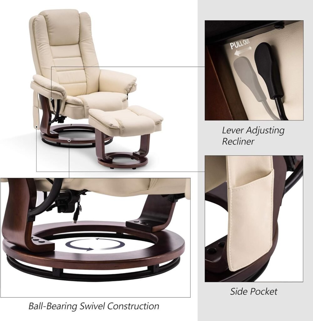 MCombo Recliner with Ottoman Chair Accent Recliner Chair with Vibration Massage, Removable Lumbar Pillow, 360 Degree Swivel Wood Base, Faux Leather 9096 (Cream White)