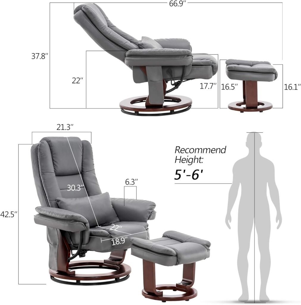 MCombo Recliner with Ottoman Chair Accent Recliner Chair with Vibration Massage, Removable Lumbar Pillow, 360 Degree Swivel Wood Base, Faux Leather 9096 (Cream White)