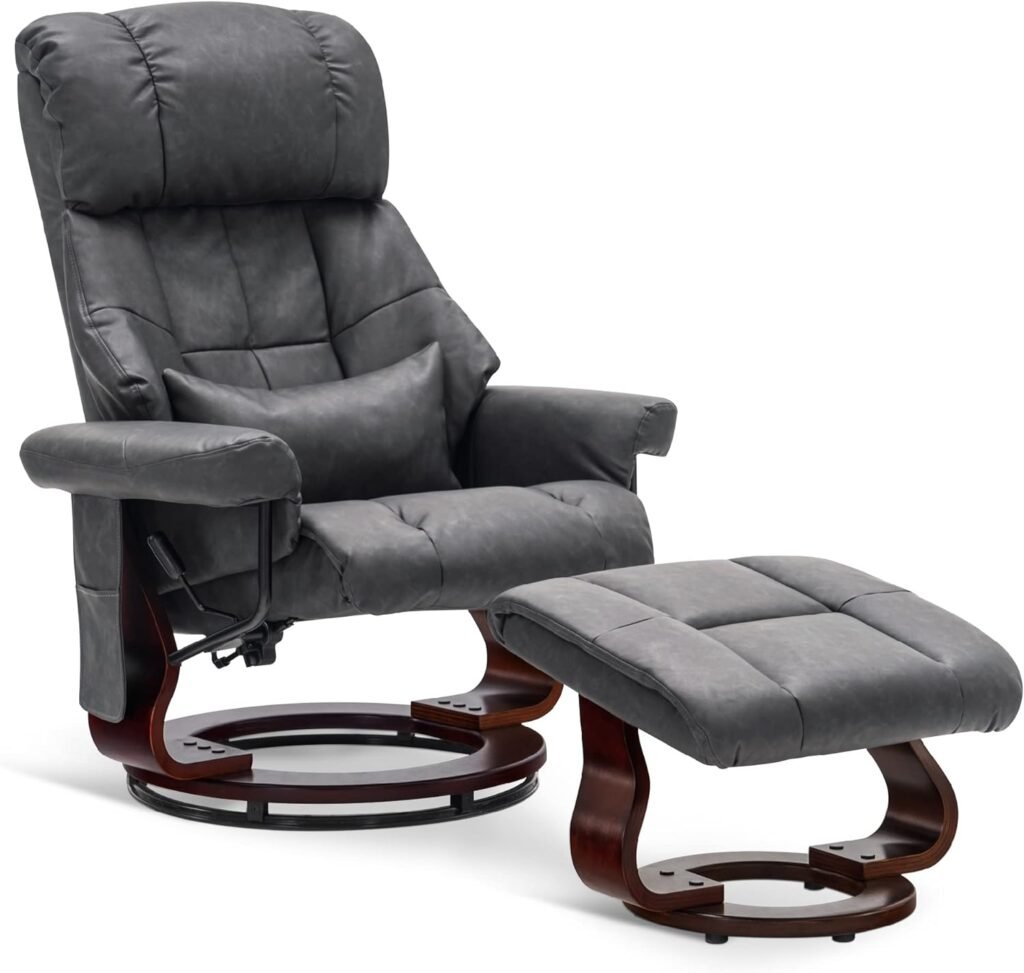 MCombo Recliner with Ottoman Reclining Chair with Vibration Massage and Removable Lumbar Pillow, 360 Degree Swivel Wood Base, Faux Leather 9068 (Grey)