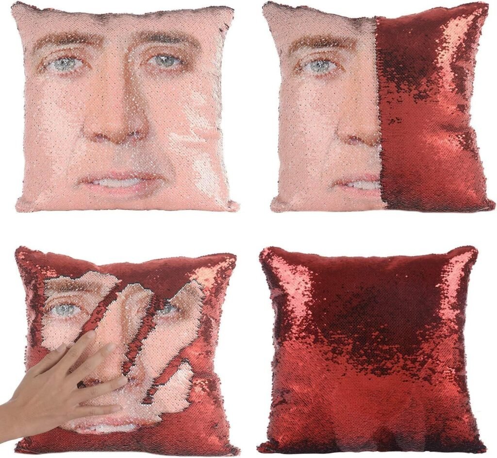 meachin Nic Cage Sequin Throw Pillow Cover Magic Reversible Funny Sequin Pillow Case Decorative Cushion Cover 16x16 Inches (red)