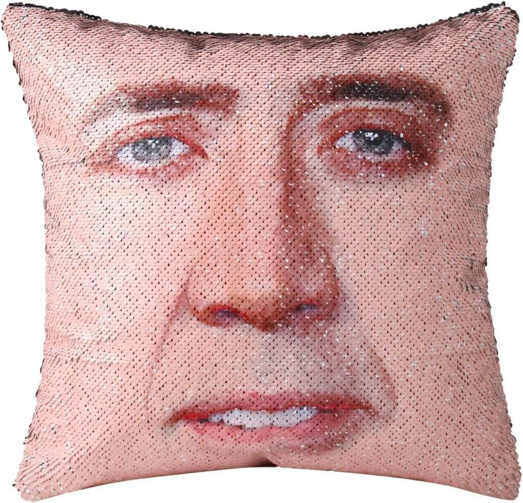 meachin Nic Cage Sequin Throw Pillow Cover Magic Reversible Funny Sequin Pillow Case Decorative Cushion Cover 16x16 Inches (red)