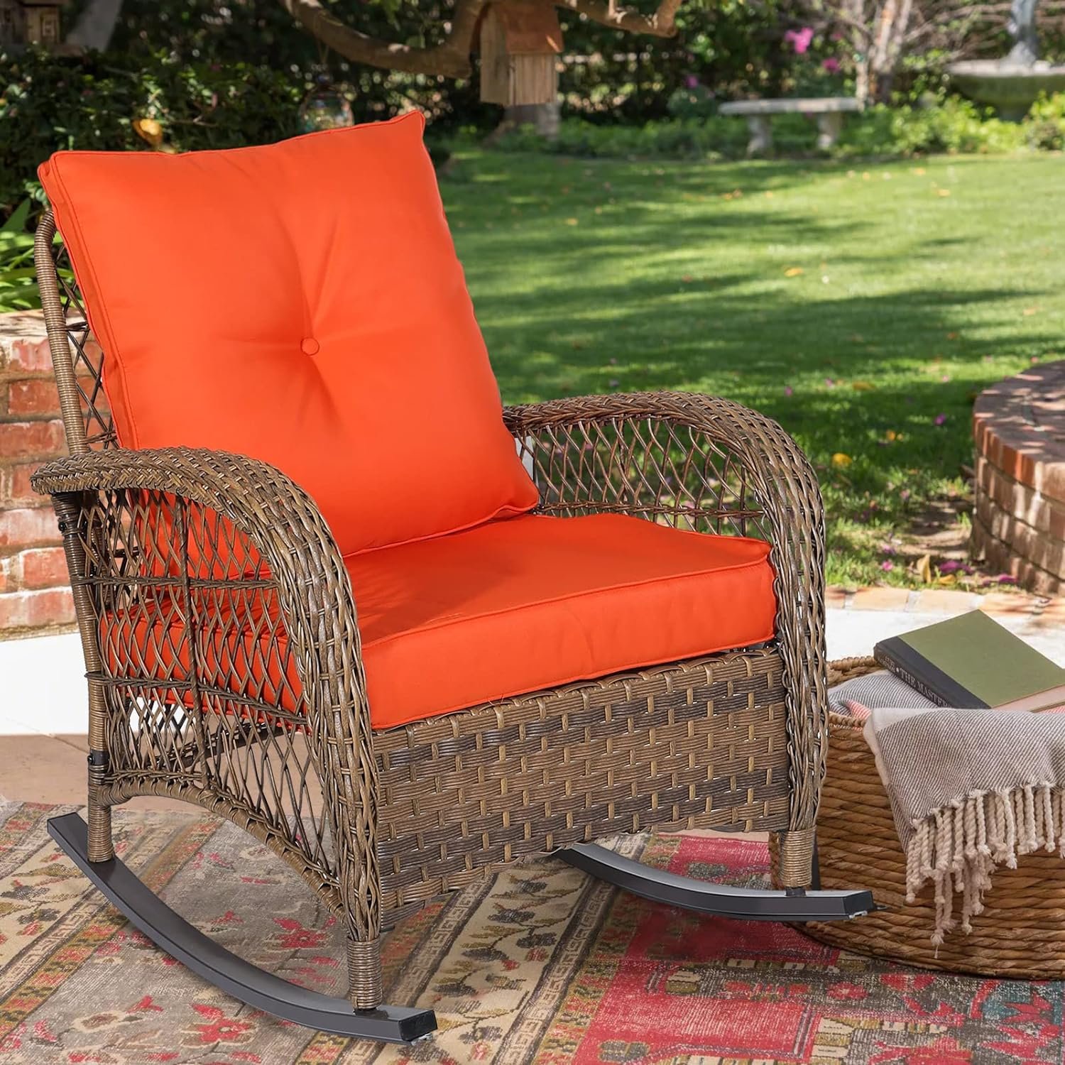 MEETWARM Outdoor Wicker Patio Rocking Chair Cushioned Rattan Rocker Chair for Porch, Deck, Poolside with Steel Frame, Weather-Resistant Orange Cushions