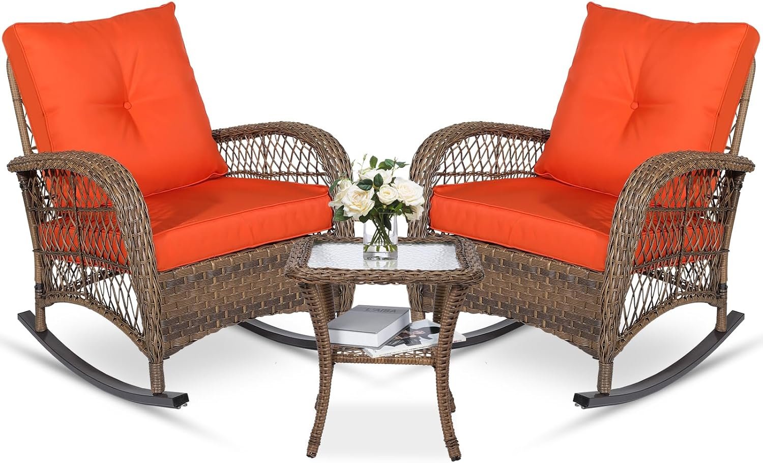 MEETWARM Outdoor Wicker Patio Rocking Chair Cushioned Rattan Rocker Chair for Porch, Deck, Poolside with Steel Frame, Weather-Resistant Orange Cushions