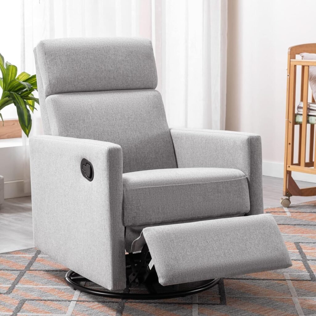 Merax Gray Modern Upholstered Manual Swivel Recliner Chair w/Headsupport Adjustable Nursery Glider Rocker for Living Room, Bedroom, Set of 1