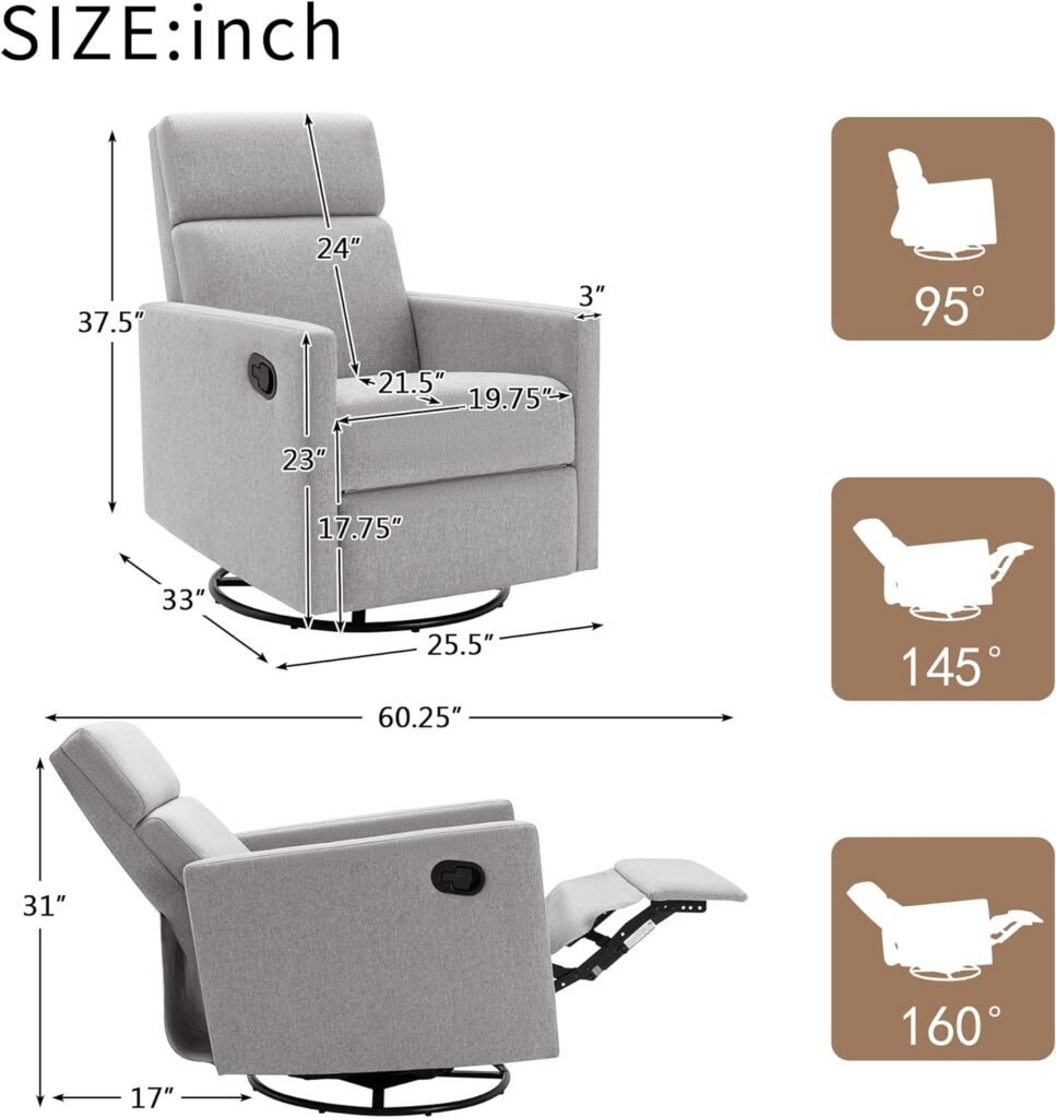 Merax Gray Modern Upholstered Manual Swivel Recliner Chair w/Headsupport Adjustable Nursery Glider Rocker for Living Room, Bedroom, Set of 1