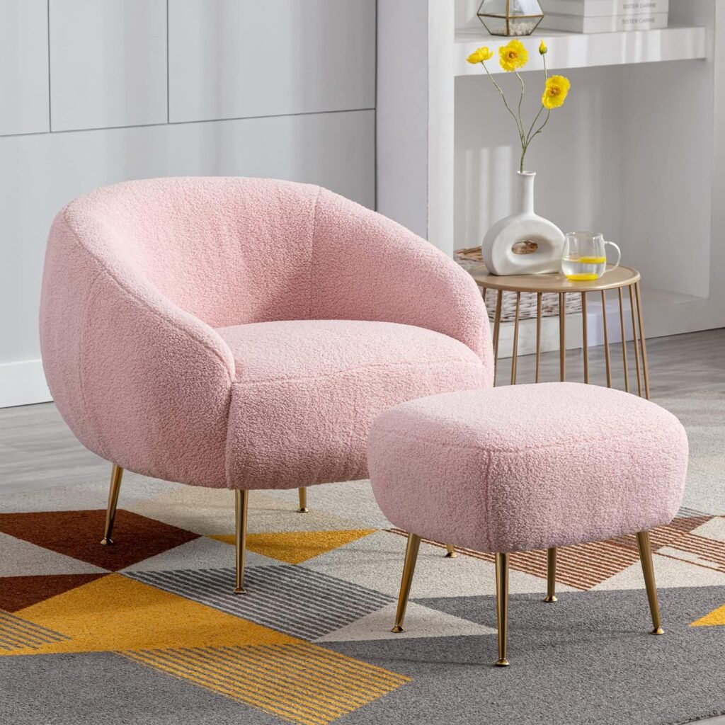 Merax Pink Modern Mid Century Living Room Chair with Ottoman Cozy Teddy Bedroom Armchair for Adults Teens Girls Easy Assemble, Set of 1