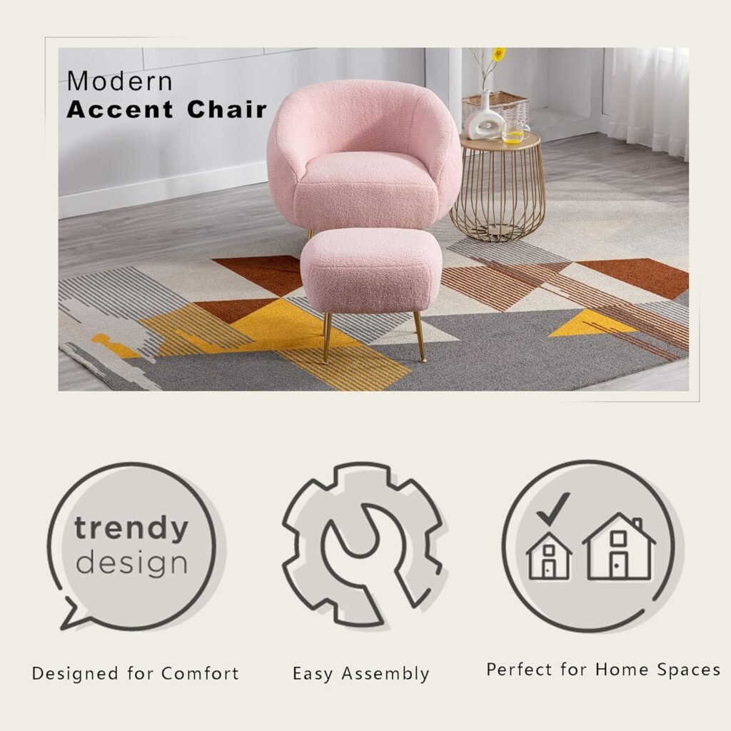 Merax Pink Modern Mid Century Living Room Chair with Ottoman Cozy Teddy Bedroom Armchair for Adults Teens Girls Easy Assemble, Set of 1