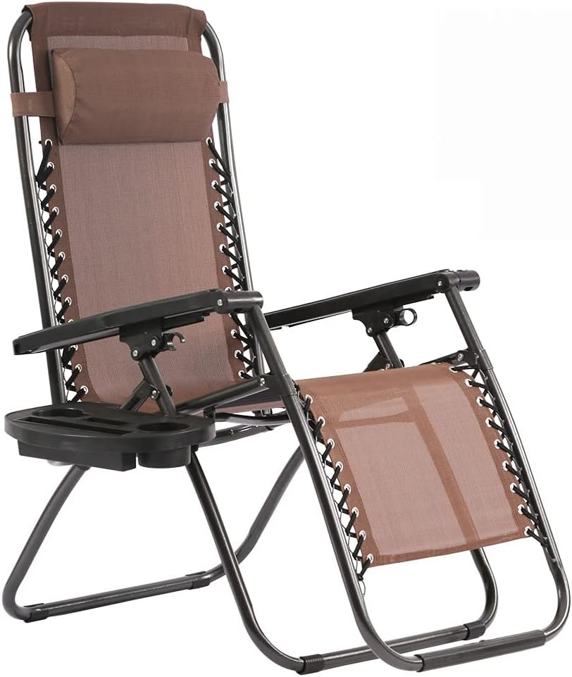 Mesh Back Zero Gravity Chair Patio Chairs Folding Patio Chaise Lounge Chair with Pillow and Utility Cup Holder Portable Lounge Recliner for Outdoor Deck Patio Lawn Pool Side Yard Beach Camping,Brown