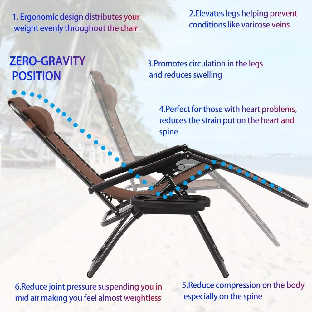 Mesh Back Zero Gravity Chair Patio Chairs Folding Patio Chaise Lounge Chair with Pillow and Utility Cup Holder Portable Lounge Recliner for Outdoor Deck Patio Lawn Pool Side Yard Beach Camping,Brown