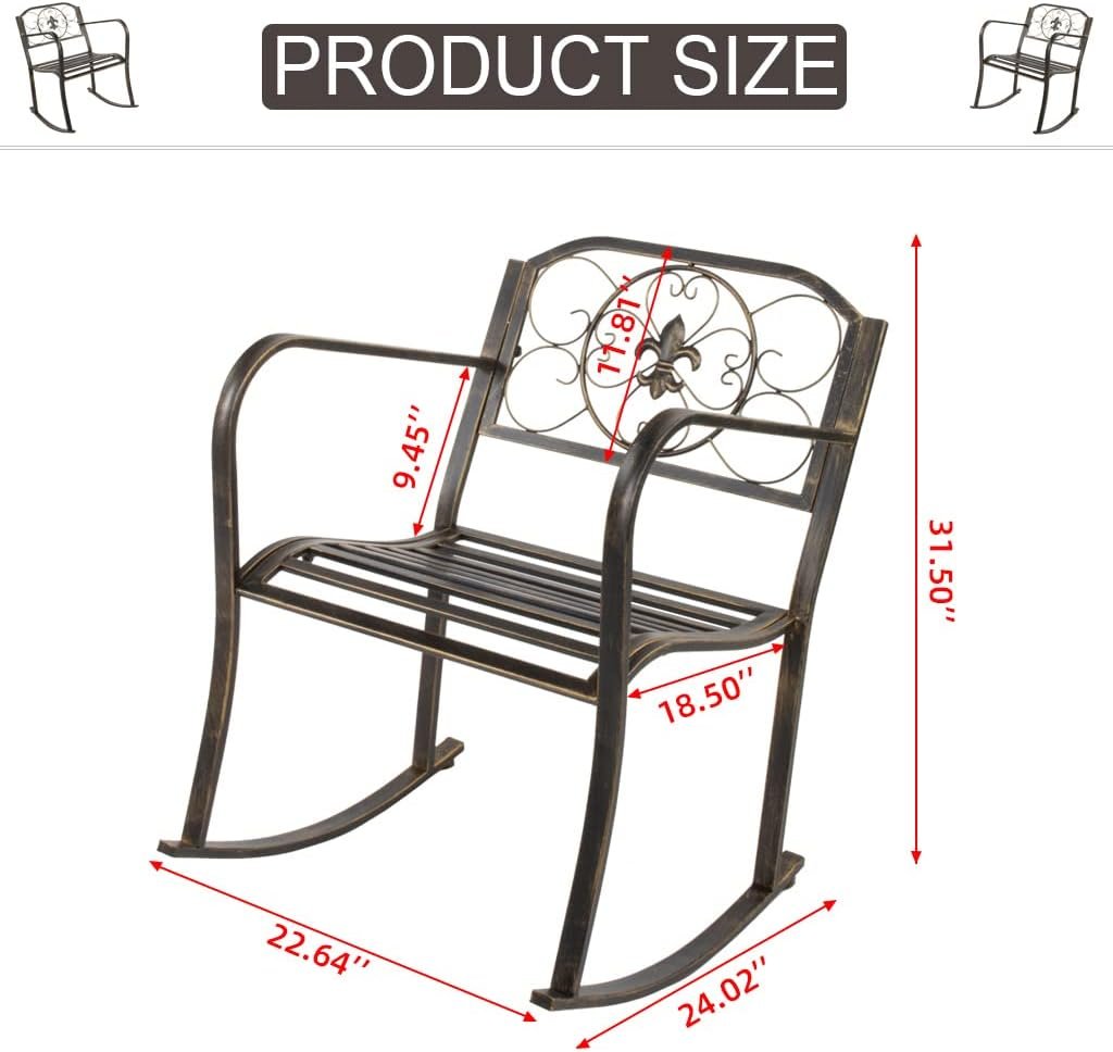 Metal Vintage Rocking Chairs with Back  Armrest, All Weather Resistant Iron Patio Rocker Chair, Outside Front Porch Furniture Carved Patio Seat Oversized Rocker for Porch, Backyard or Garden