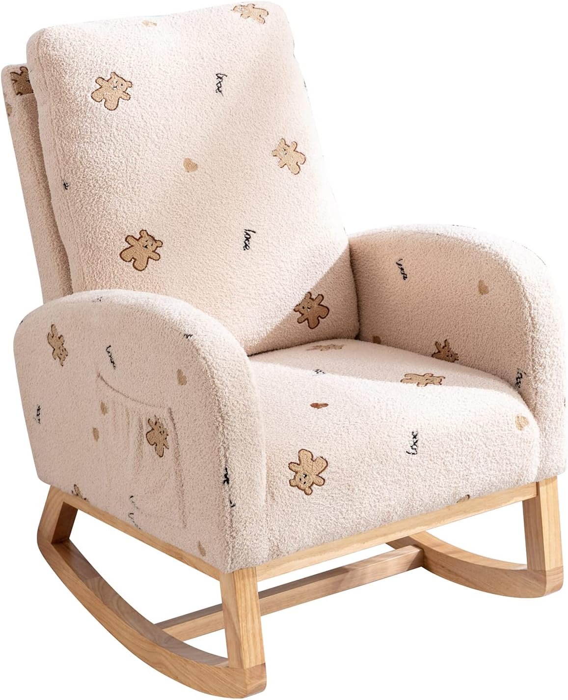 Modern Rocking Chair for Nursery, Mid Century Accent Rocker Armchair with Side Pocket, Upholstered High Back Wooden Rocking Chair for Living Room Baby Kids Room Bedroom, Beige Boucle