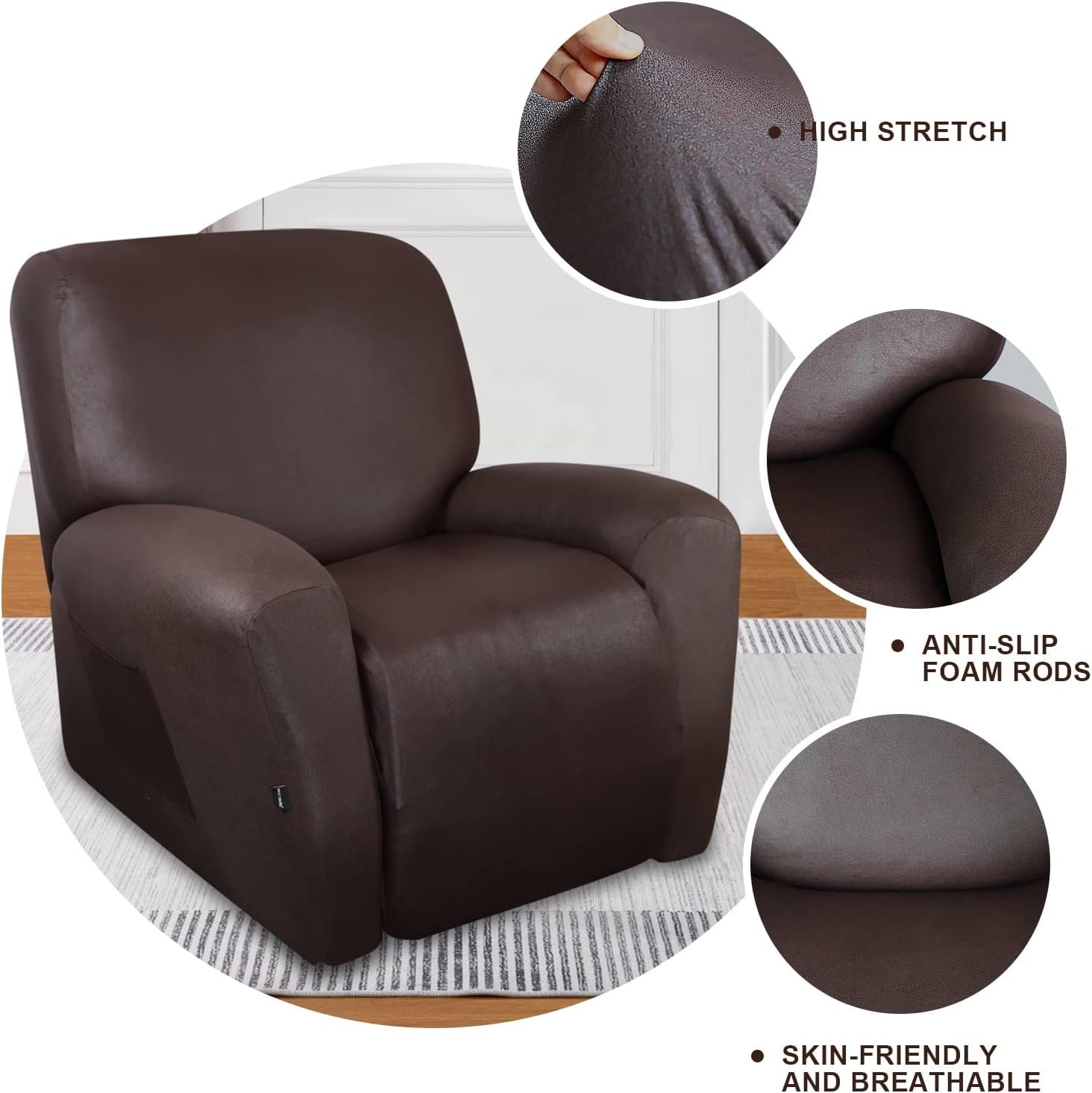 molasofa Recliner Chair Covers - 4 Pieces Leather Like Large Recliner Covers with Pocket Soft Non Slip Stretch Recliner Slipcover for Lazy Boy Recliner Chair Washable Furniture Protector (Brown)