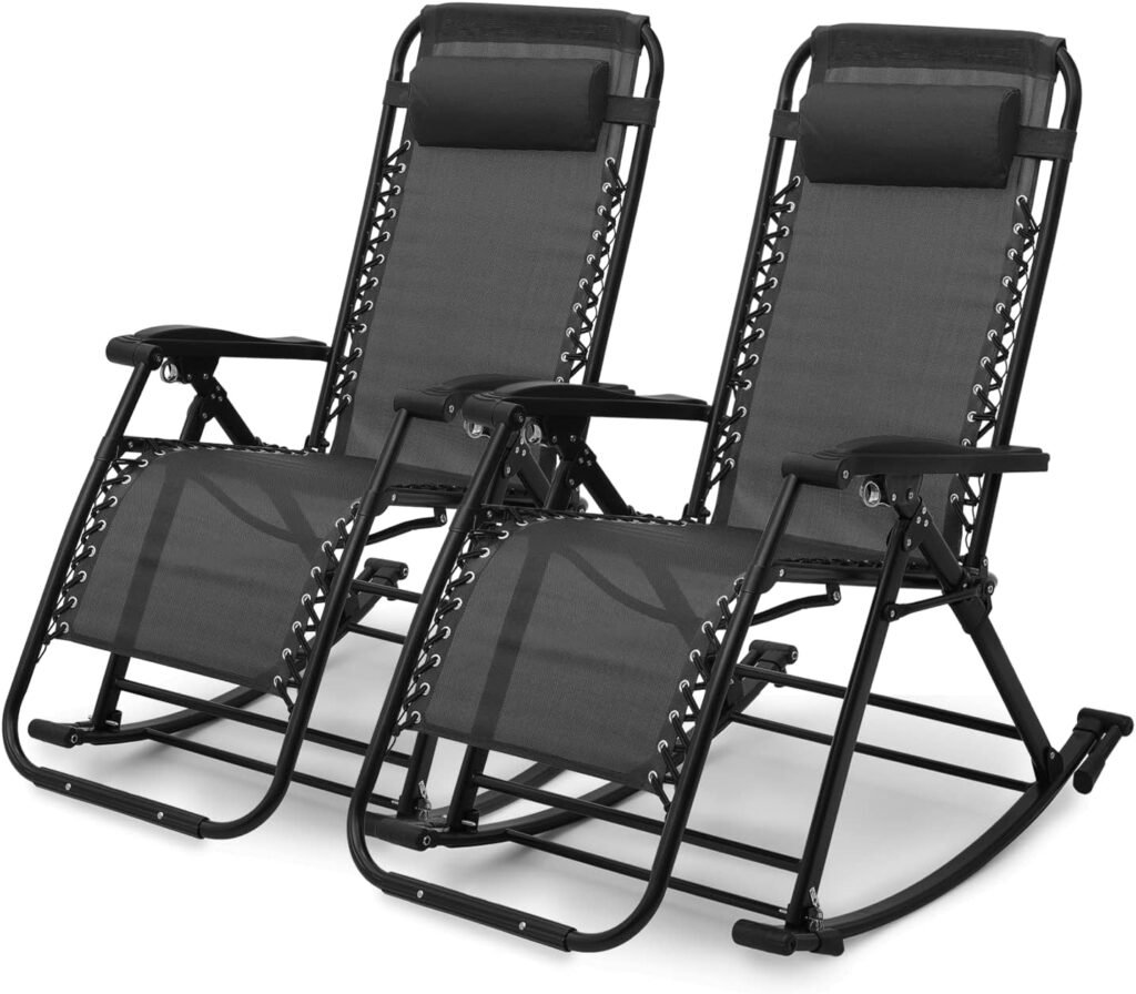 MoNiBloom Rocking Lounger Outdoor Chair Set of 2, Portable High Back Compact Foldable Reclining Zero Gravity Lounge Patio Rocking Chair with Adjustable Armrest and Footrest for Beach Yard Pool Outdoor