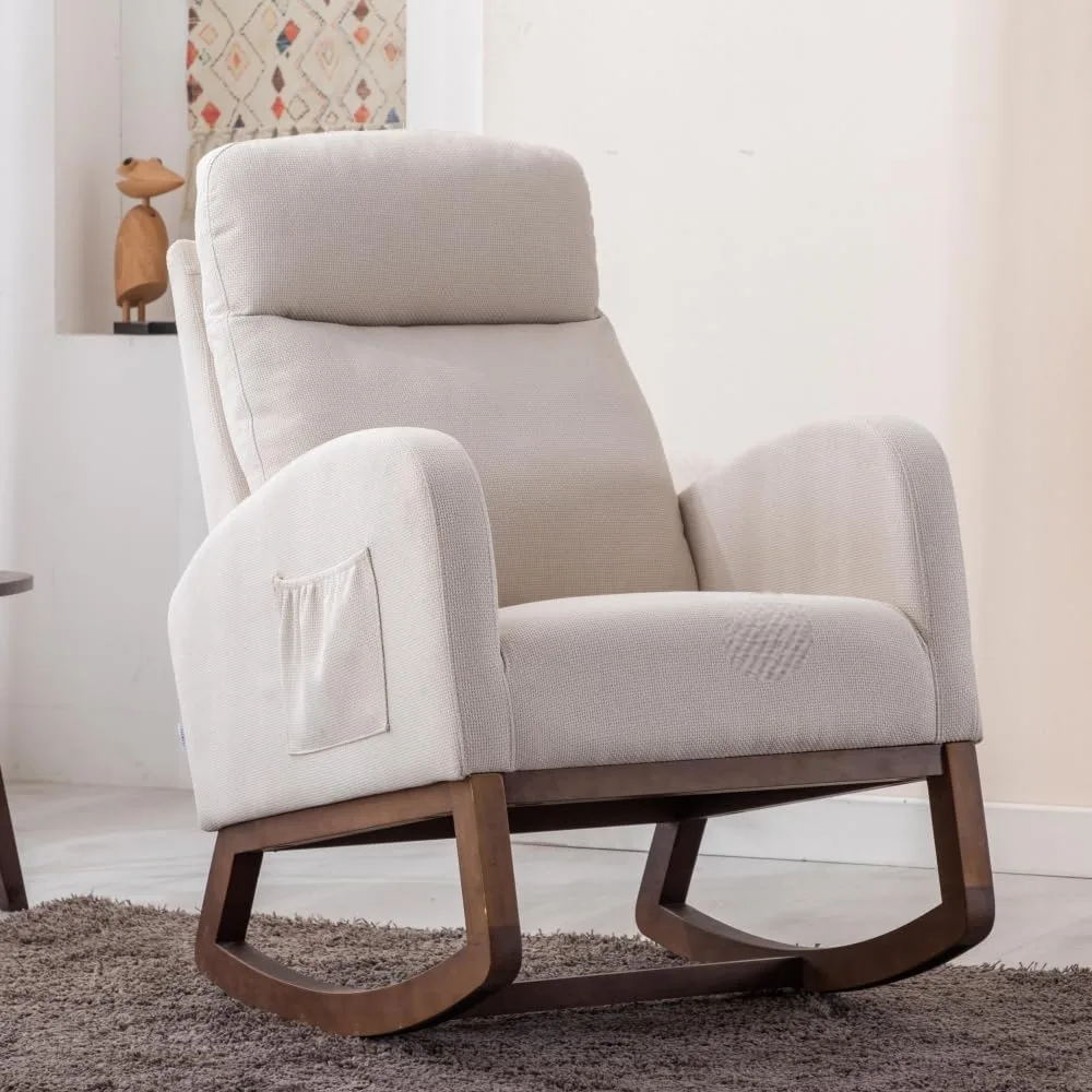 Morhome Modern Tufted Accent Rocking Chair, Upholstered Nursery Glider Rocker with High Backrest for Baby and Kids, Set of 1, Beige-A