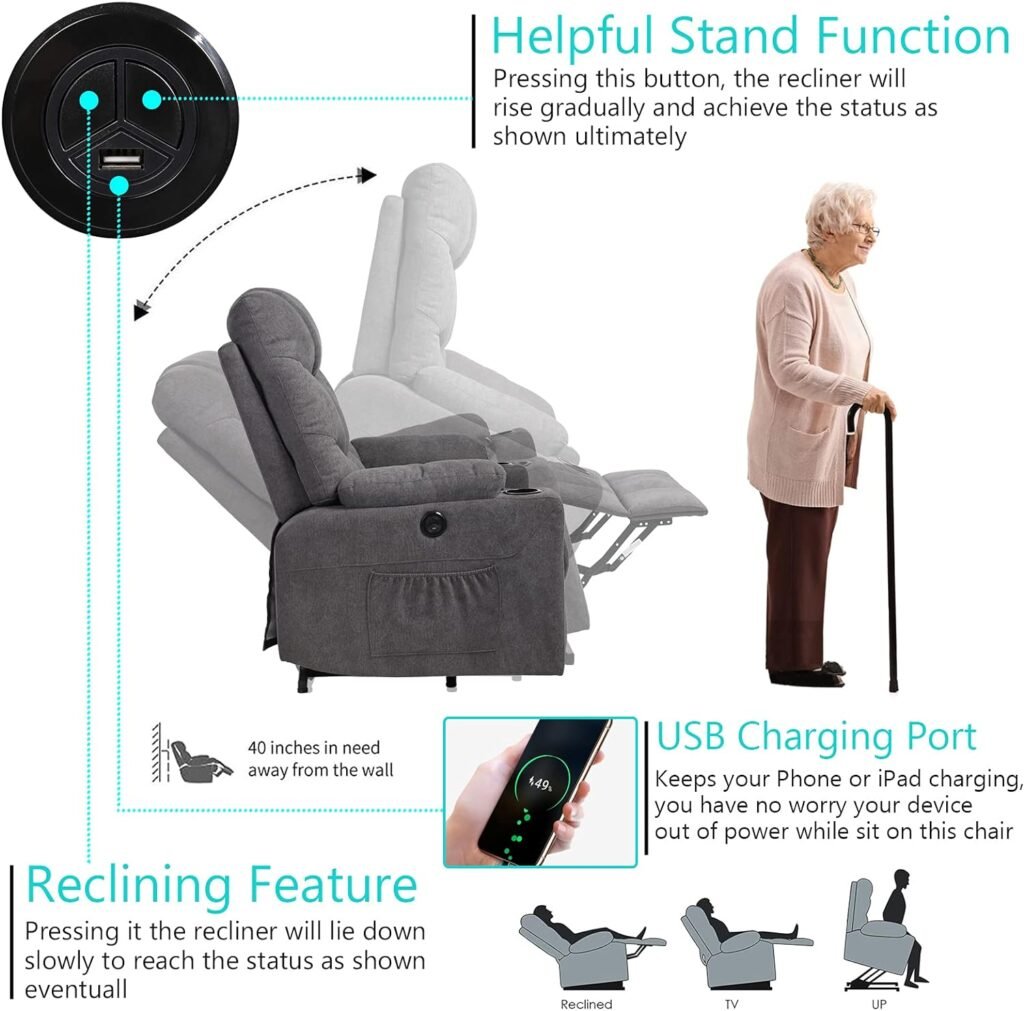 NA NA Electric Power Lift Recliner Chair for Elderly with Massage and Heat, Motorized Recliner Sofa for Living Room with Remote Control, 2 Cup Holders, USB Port and 2 Side Pockets(Brown)