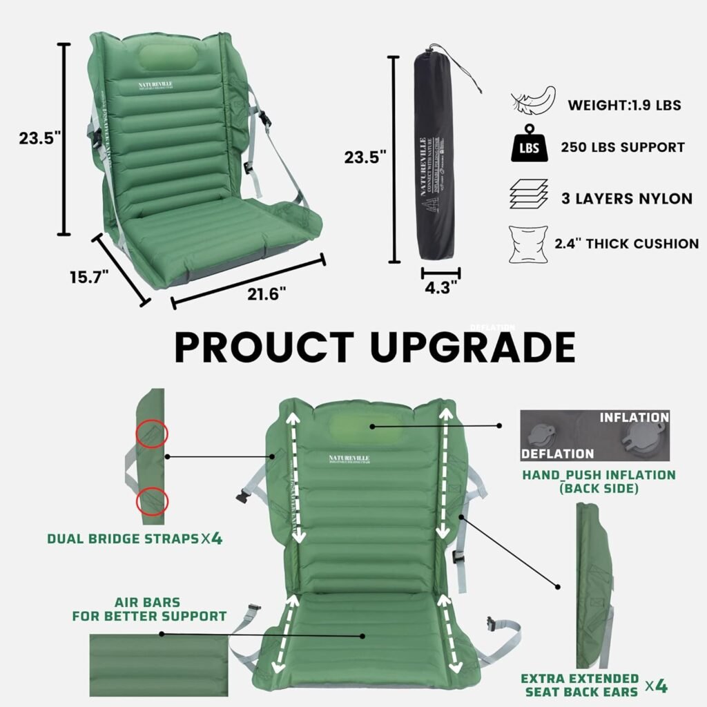 NatureVille Inflatable Outdoor Chair, Lightweight-1.76lbs Camping Chair, Compact-Fold to Portable Size,Comfortable-2.4” Air Cushion + Adjustable Back Strap (Inflatable Chair-1)