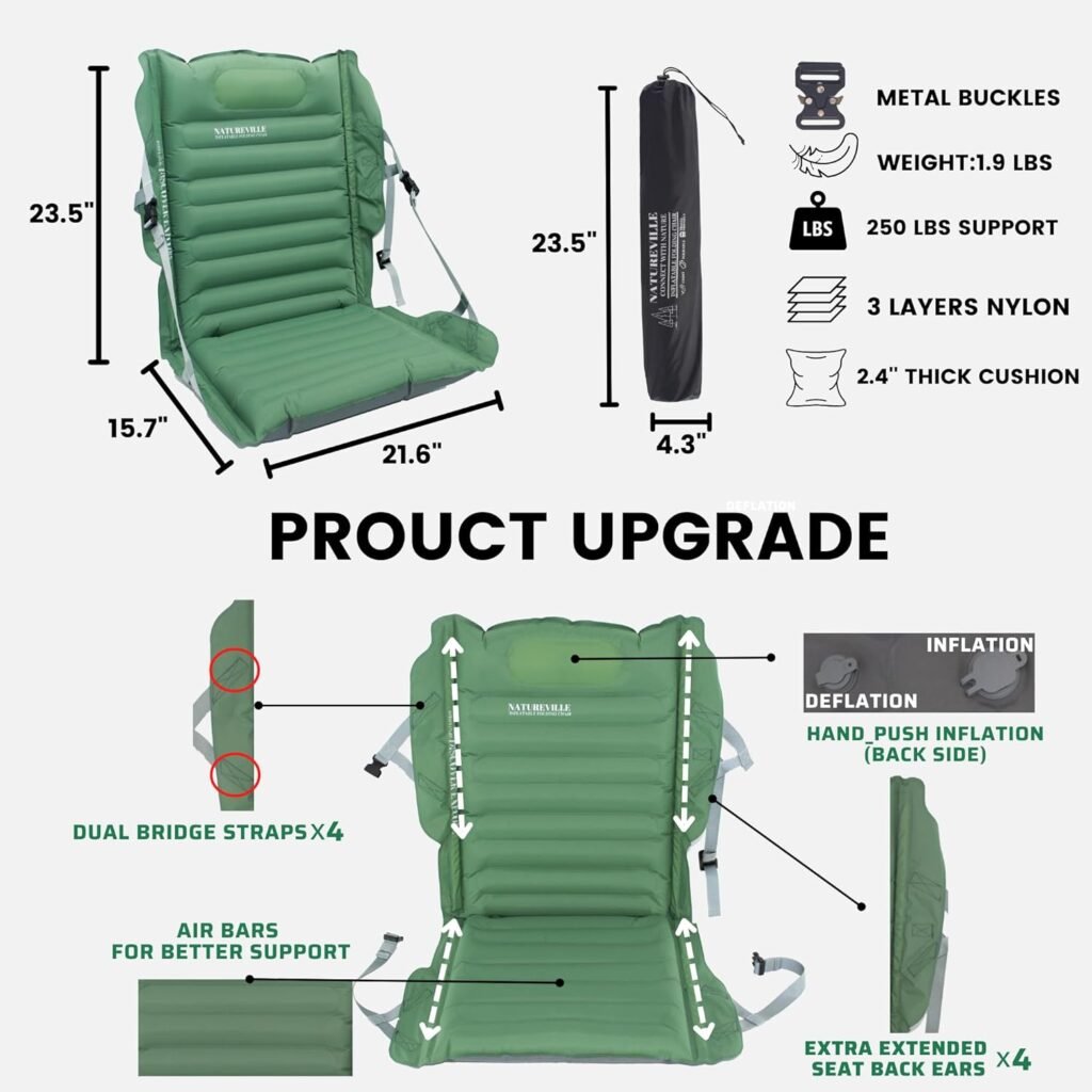 NatureVille Inflatable Outdoor Chair, Lightweight-1.76lbs Camping Chair, Compact-Fold to Portable Size,Comfortable-2.4” Air Cushion + Adjustable Back Strap (Inflatable Chair-1)