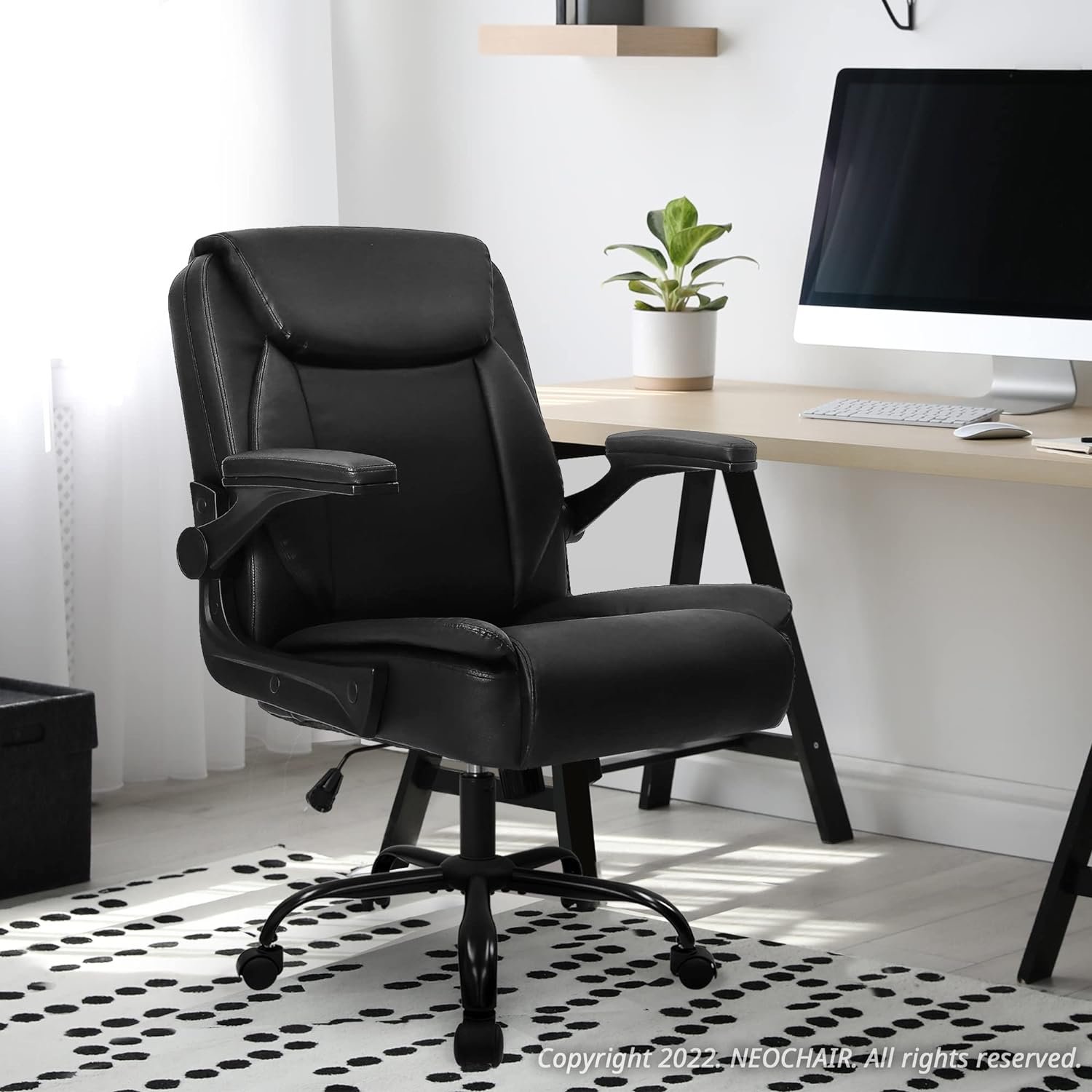 NEO CHAIR Office Chair Adjustable Desk Chair Mid Back Executive Comfortable PU Leather Ergonomic Gaming Back Support Home Computer with Flip-up Armrest Swivel Wheels (Jet Black)