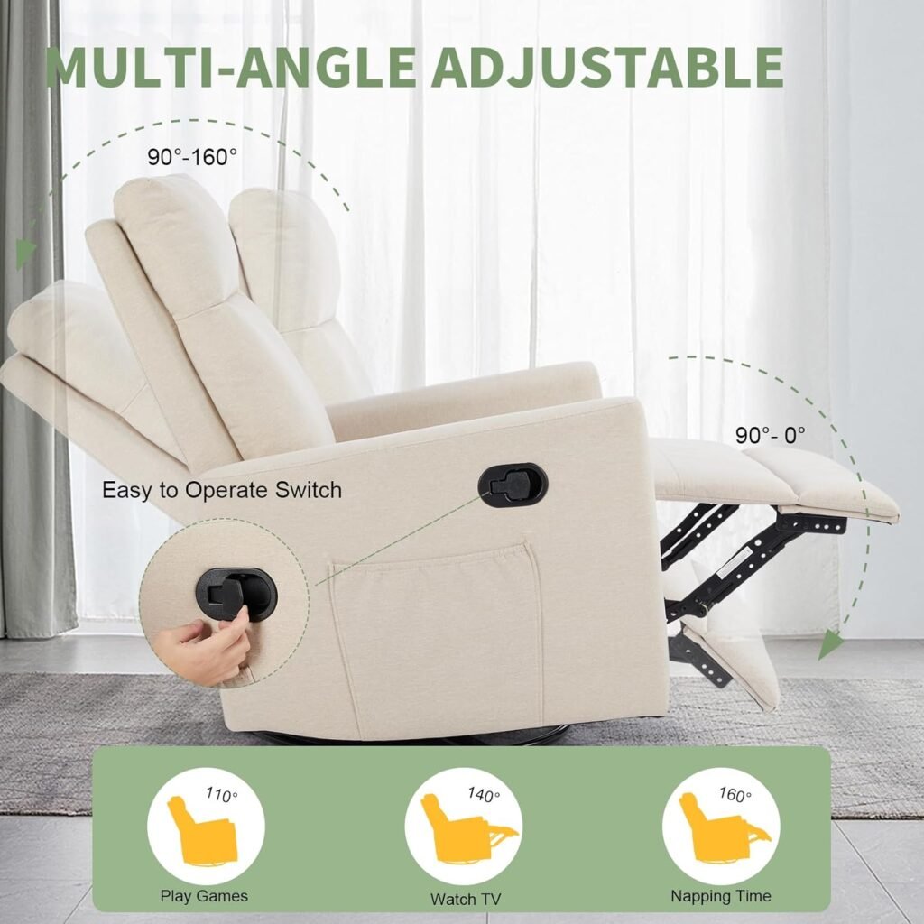 NEWBULIG Rocking Chair Swivel Glider Recliner Nursery Rocker Chair Upholstered Seating Recliner Fabric Single Sofa Chair for Living Room, Gray