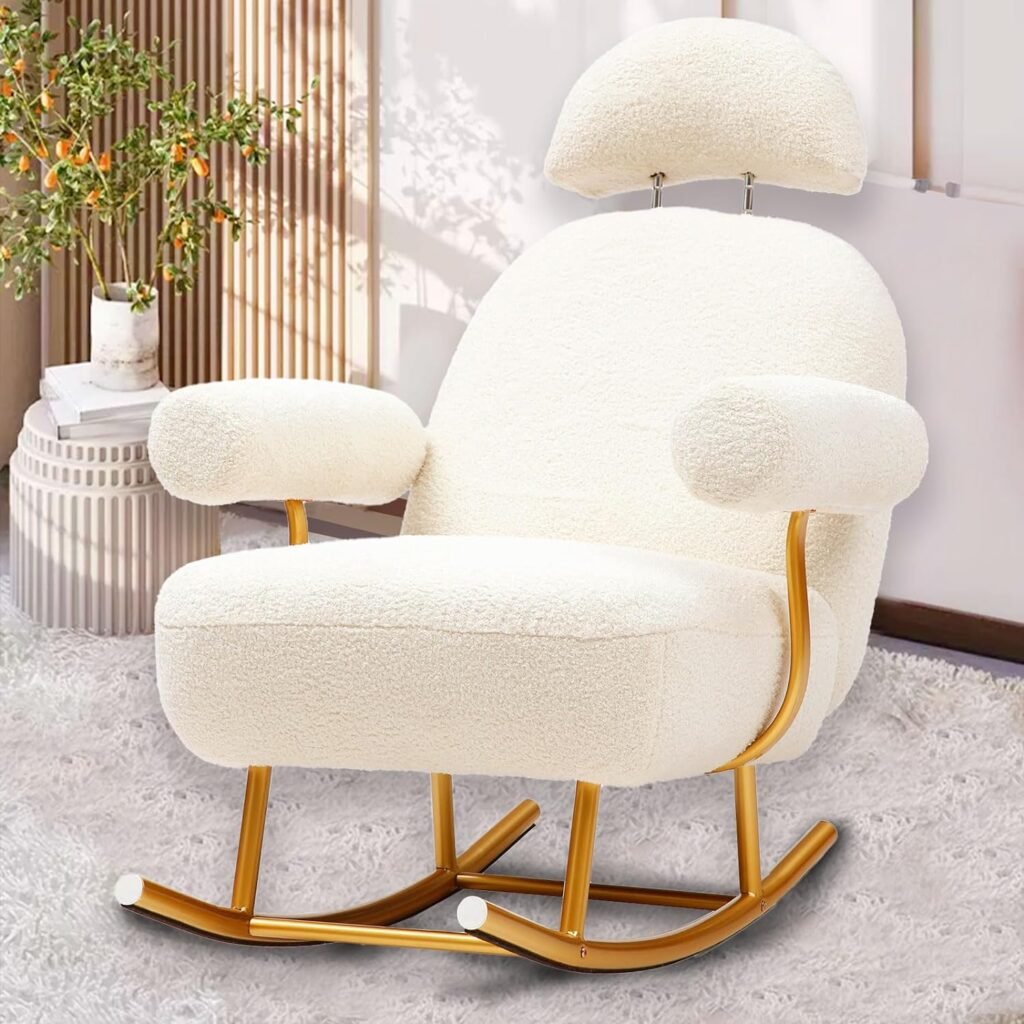 NEWPEAS Big and Tall Modern Rocking Chair, Upholstered Nursery Glider Rocker, Comfy Sherpa Fabric Armchair with Adjustable Headrest, Beige