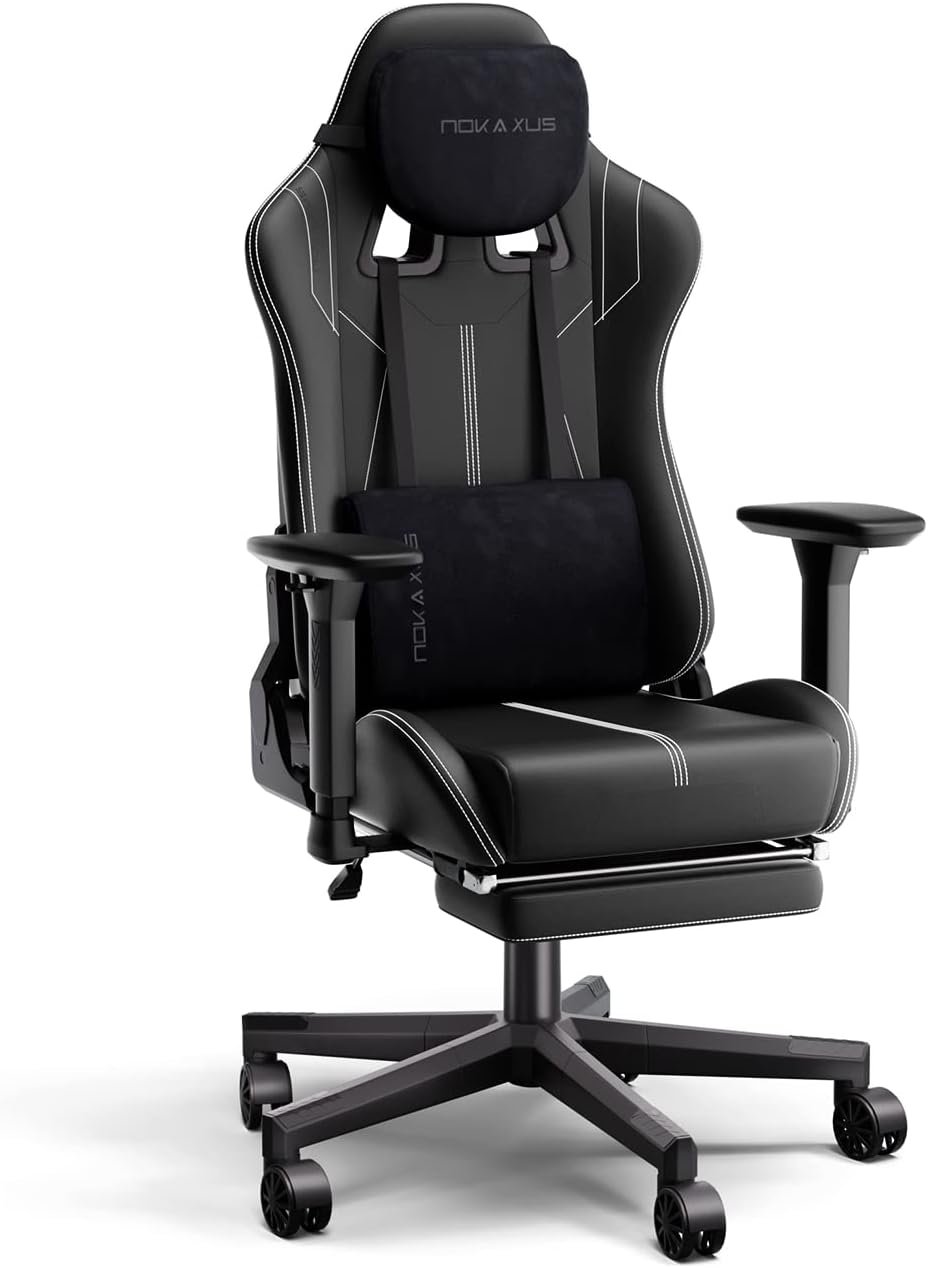 NOKAXUS Gaming Chair with Retractible Footrest Adjustment of backrest Thickening sponges Swivel Office Chair with Massager Function (YK-6008A-BALCK