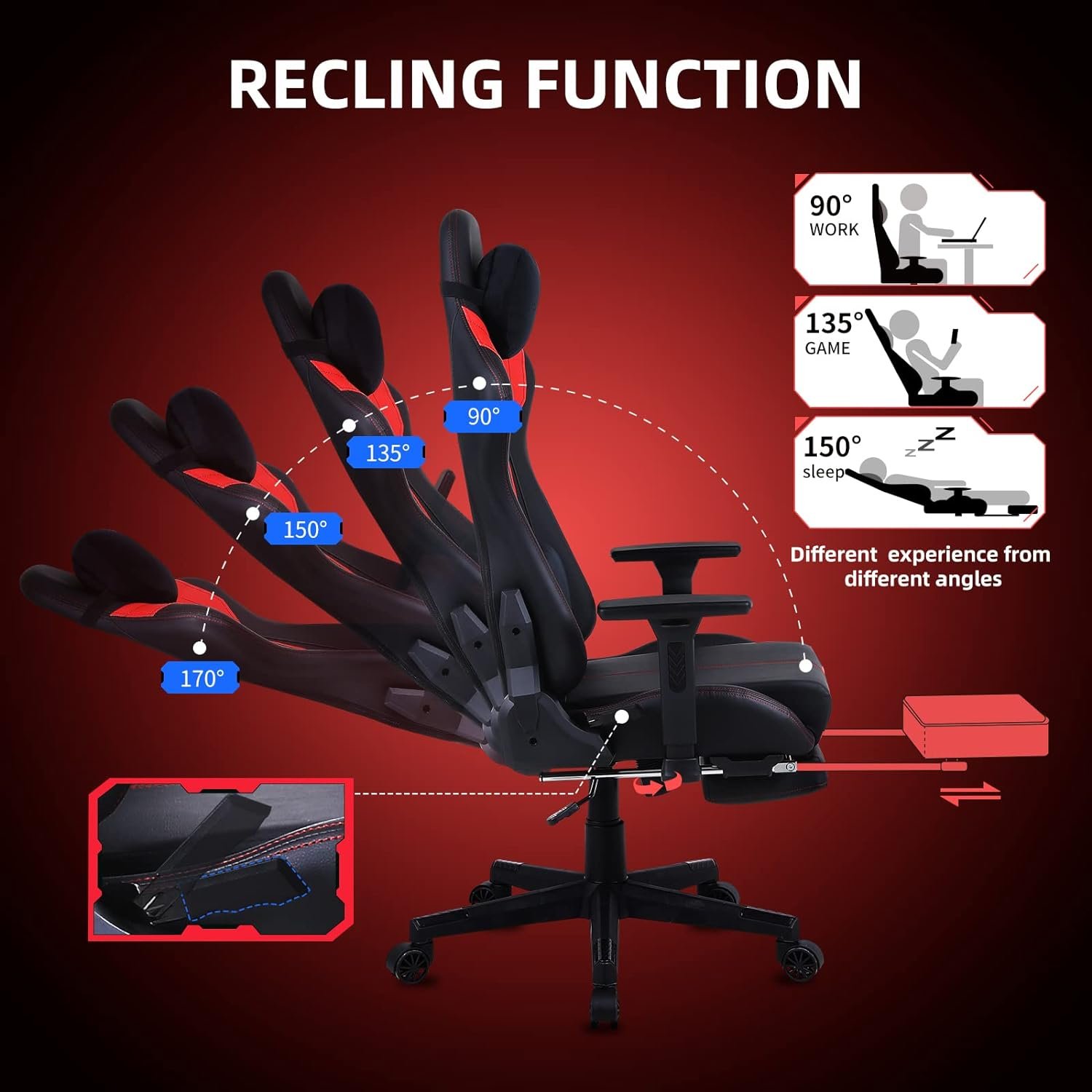 NOKAXUS Gaming Chair with Retractible Footrest Adjustment of backrest Thickening sponges Swivel Office Chair with Massager Function（YK-6008A-RED）