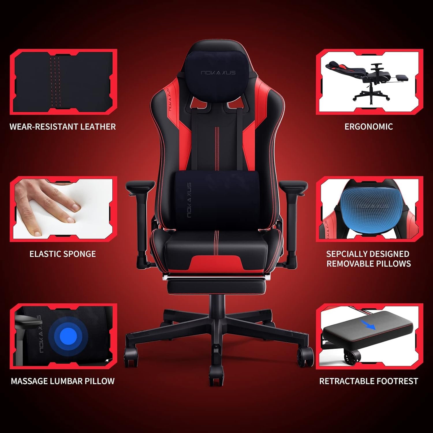 NOKAXUS Gaming Chair with Retractible Footrest Adjustment of backrest Thickening sponges Swivel Office Chair with Massager Function（YK-6008A-RED）