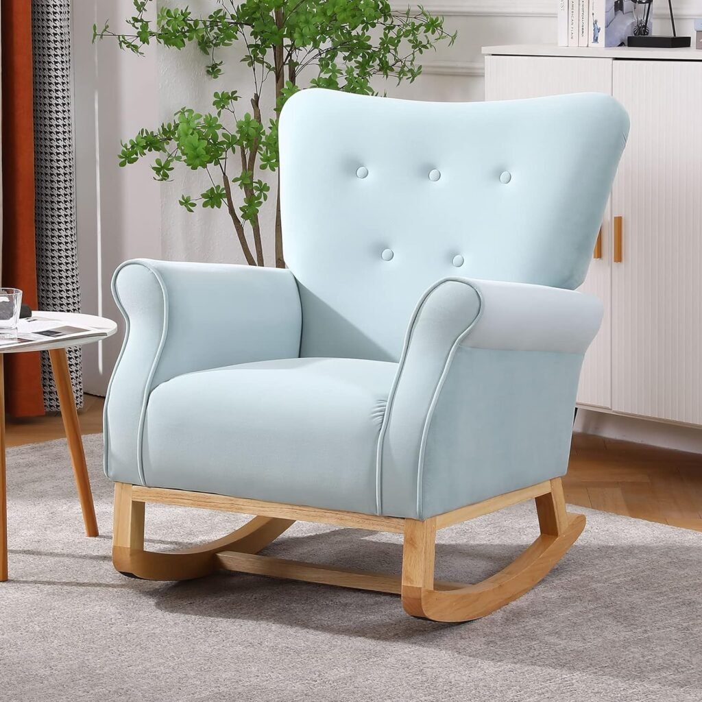 Nursery Rocking Chair, Mid Century Uplostered Glider Rocker Armchair with High Backrest, Rocking Accent Chair Single Sofa Accent Glider Rocker for Living Room Bedroom Offices (Round, Blue)
