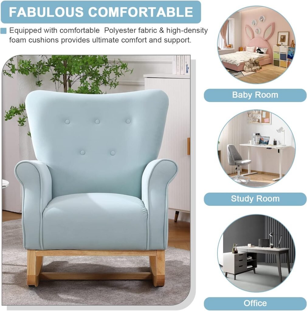 Nursery Rocking Chair, Mid Century Uplostered Glider Rocker Armchair with High Backrest, Rocking Accent Chair Single Sofa Accent Glider Rocker for Living Room Bedroom Offices (Round, Blue)