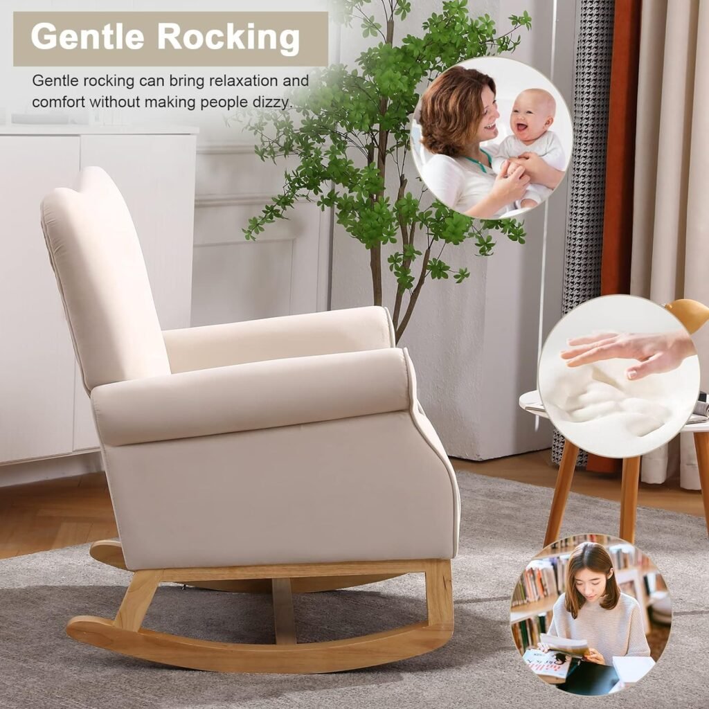 Nursery Rocking Chair, Mid Century Uplostered Glider Rocker Armchair with High Backrest, Rocking Accent Chair Single Sofa Accent Glider Rocker for Living Room Bedroom Offices (Round, Blue)