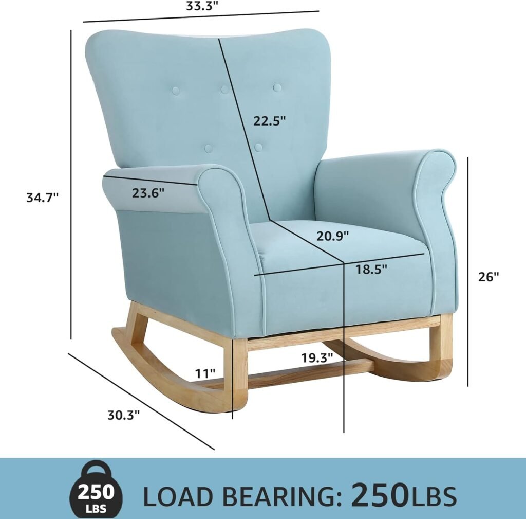 Nursery Rocking Chair, Mid Century Uplostered Glider Rocker Armchair with High Backrest, Rocking Accent Chair Single Sofa Accent Glider Rocker for Living Room Bedroom Offices (Round, Blue)