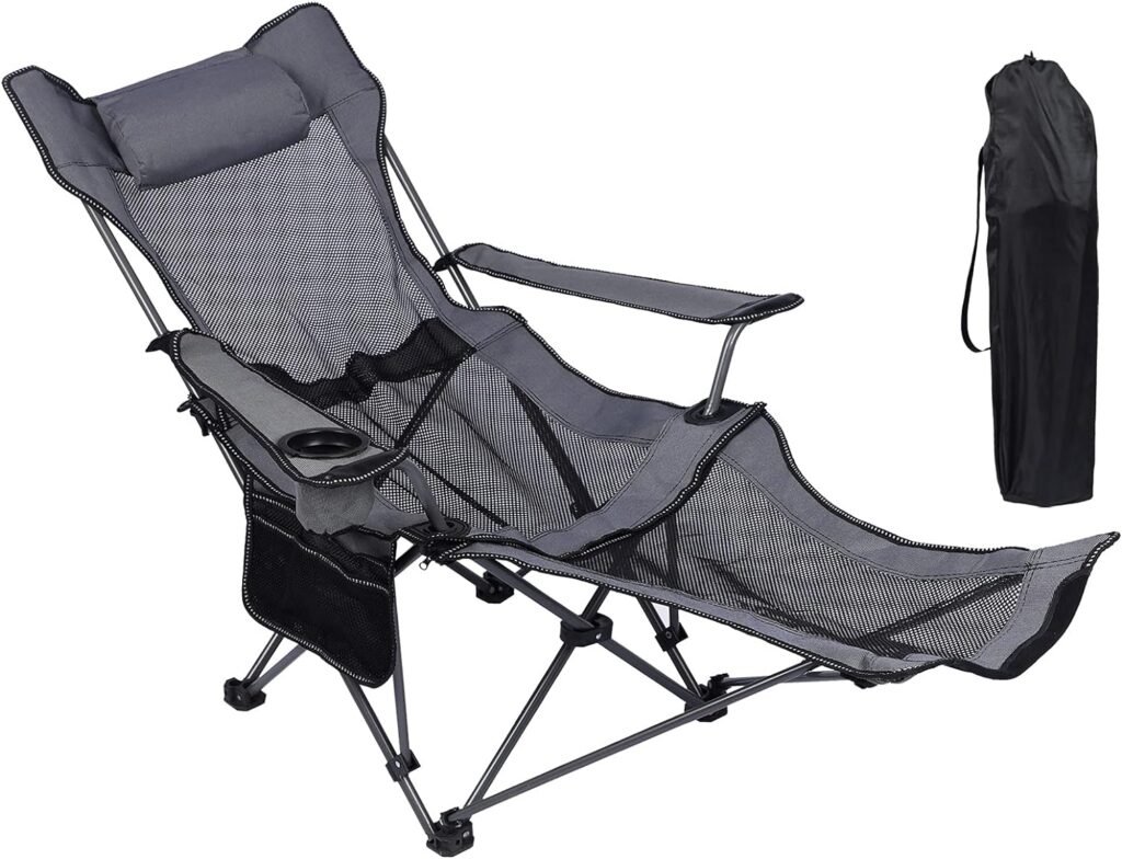 NURTUDIS Camping Lounge Chair,Folding Reclining Camping Chair, Portable Camping Chair with Footrest,Storage Bag  Headrest, Mesh Recliner, 330lbs Weight Capacity (Gray)