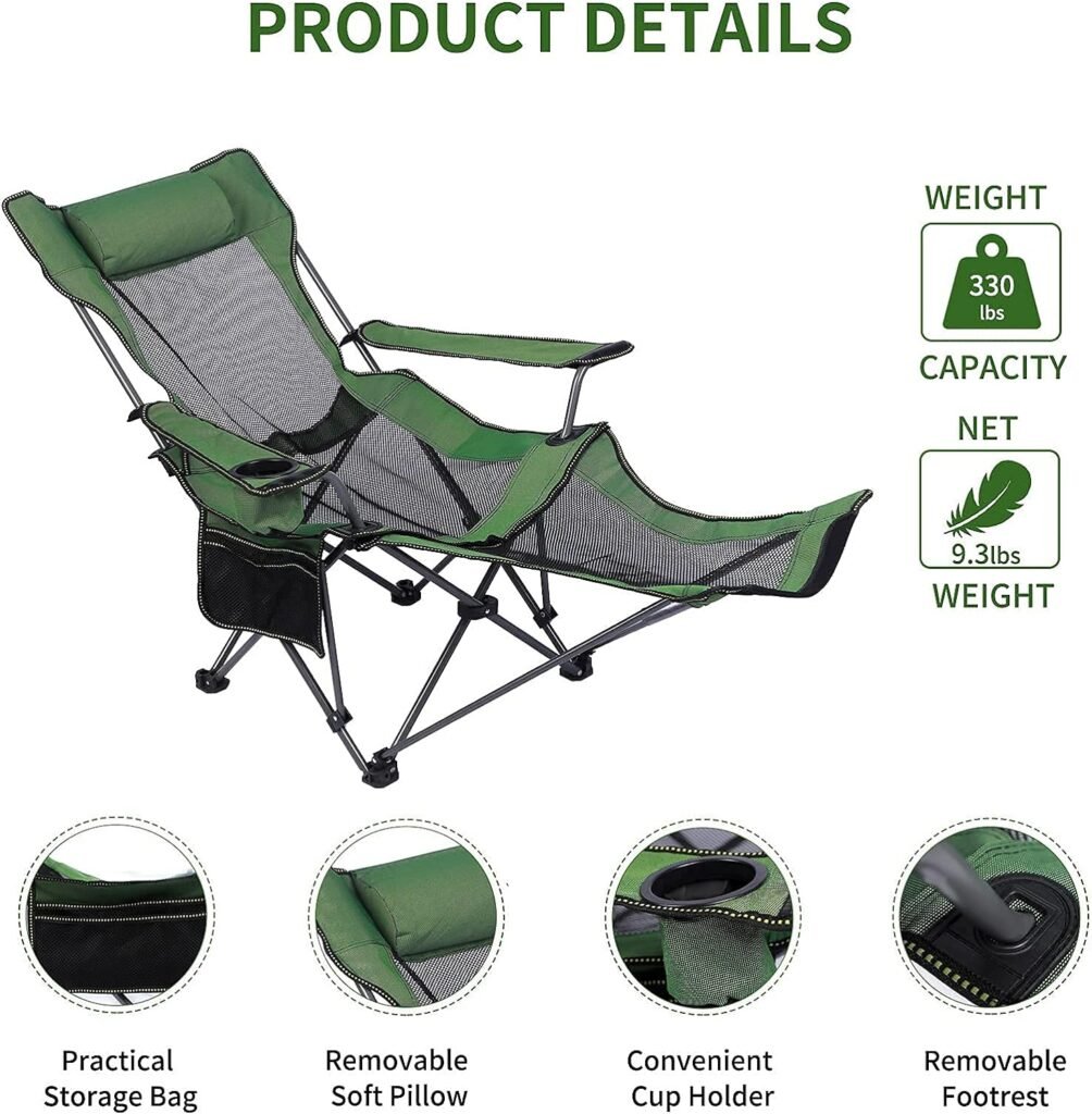 NURTUDIS Camping Lounge Chair,Folding Reclining Camping Chair, Portable Camping Chair with Footrest,Storage Bag  Headrest, Mesh Recliner, 330lbs Weight Capacity (Gray)