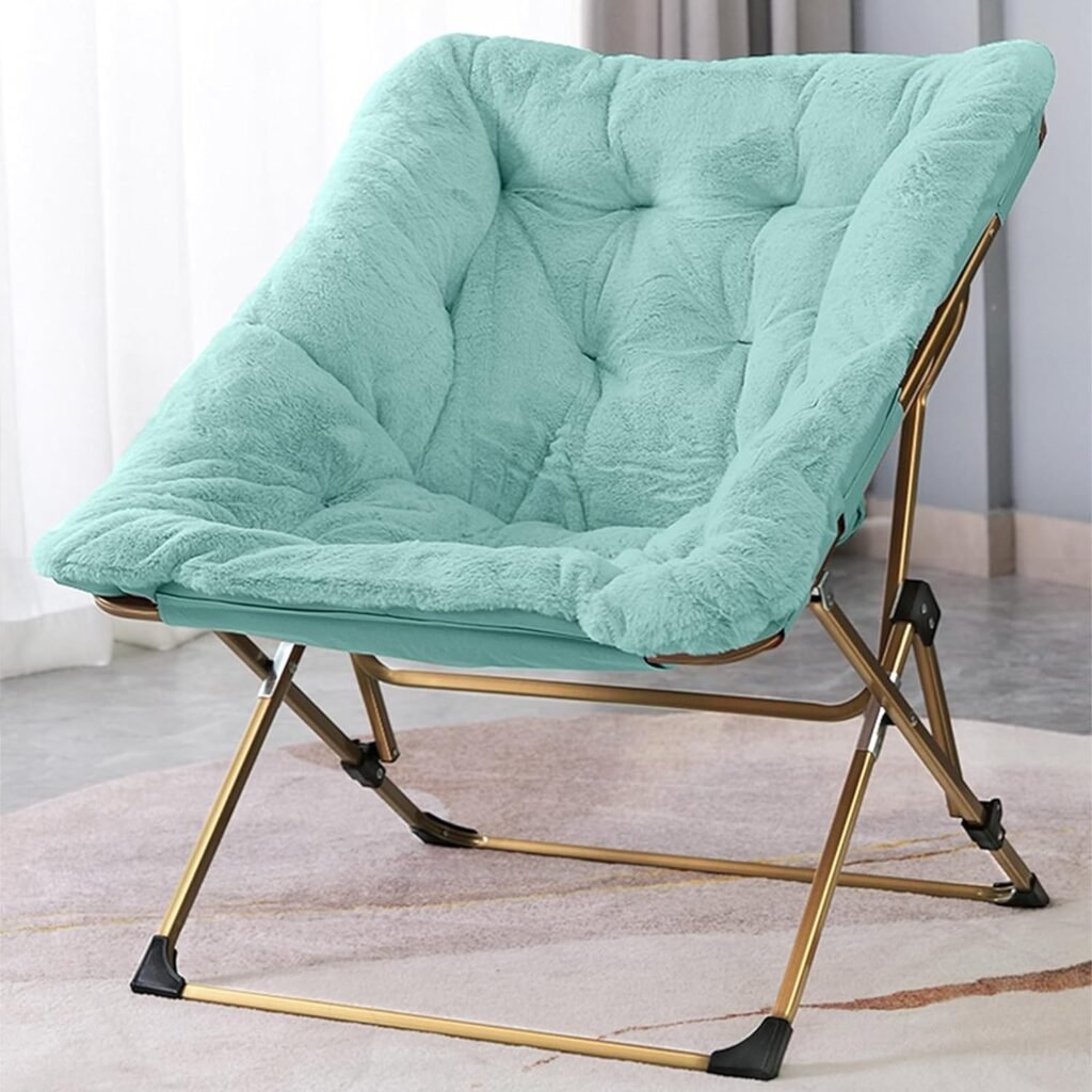 OAKHAM Comfy Saucer Chair, Folding Faux Fur Lounge Chair for Bedroom and Living Room, Flexible Seating for Kids Teens Adults, X-Large (Faux Fur-Mint)